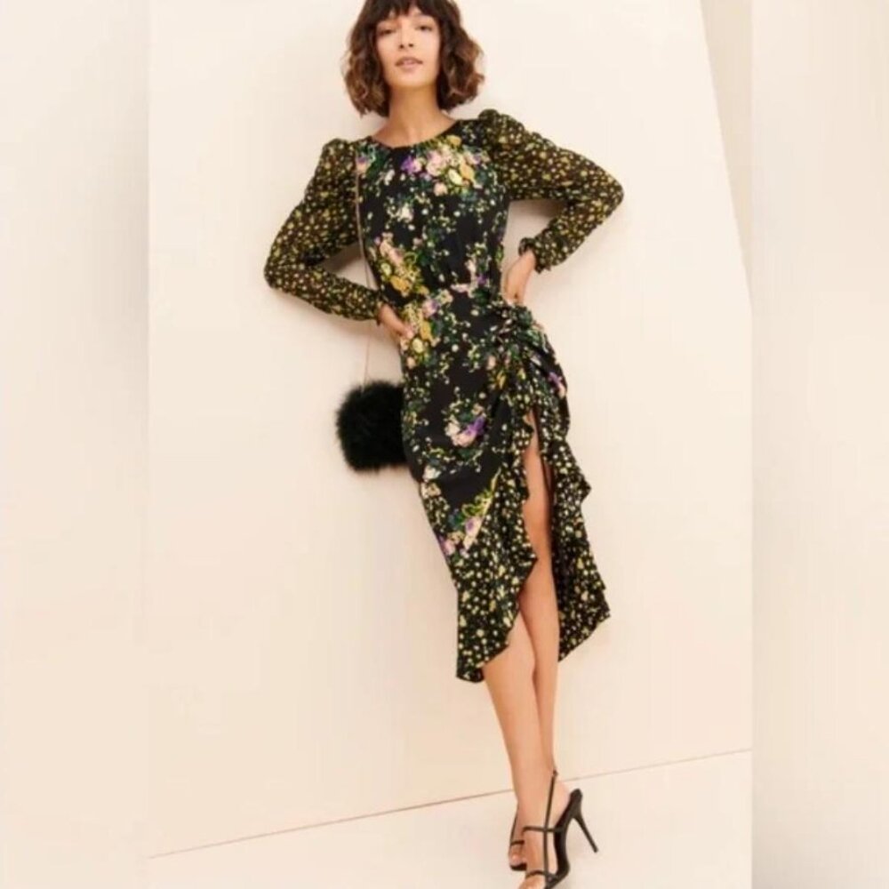 For Love & Lemons Molly Dress Black Yellow Green & Purple Floral Dress